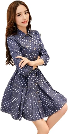 Amazon デニムワンピース 水玉 ドット柄 シングルブレスト シャツワンピ 襟付き プリーツフレアスカート パフスリーブ カジュアル フロントポケット ａライン エレガント 春夏 クマのぬいぐるみ付き K 2639 L ワンピース チュニック 通販