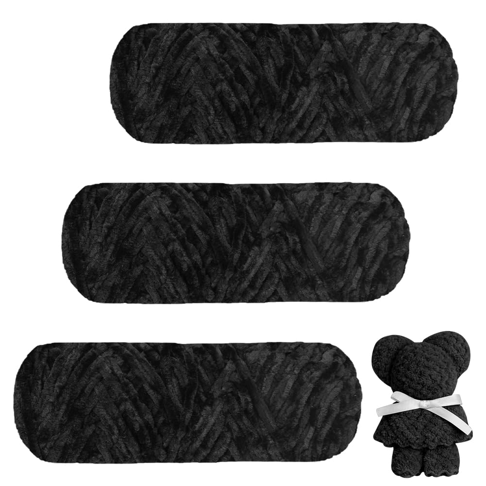 AUAUY Chunky Chenille Yarn - 3 x 100g Super Soft Velvet Yarn for Knitting, Crocheting, Blankets, Scarves & DIY Projects - Black