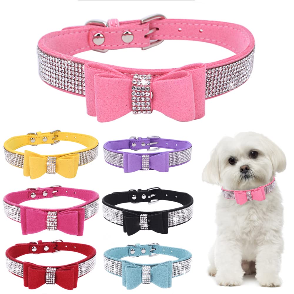 Small Dog Collar Puppy With Rhinestone Bow Knot Crystal Diamond Colorful Bling Girl Puppy Cat Collars Pink M