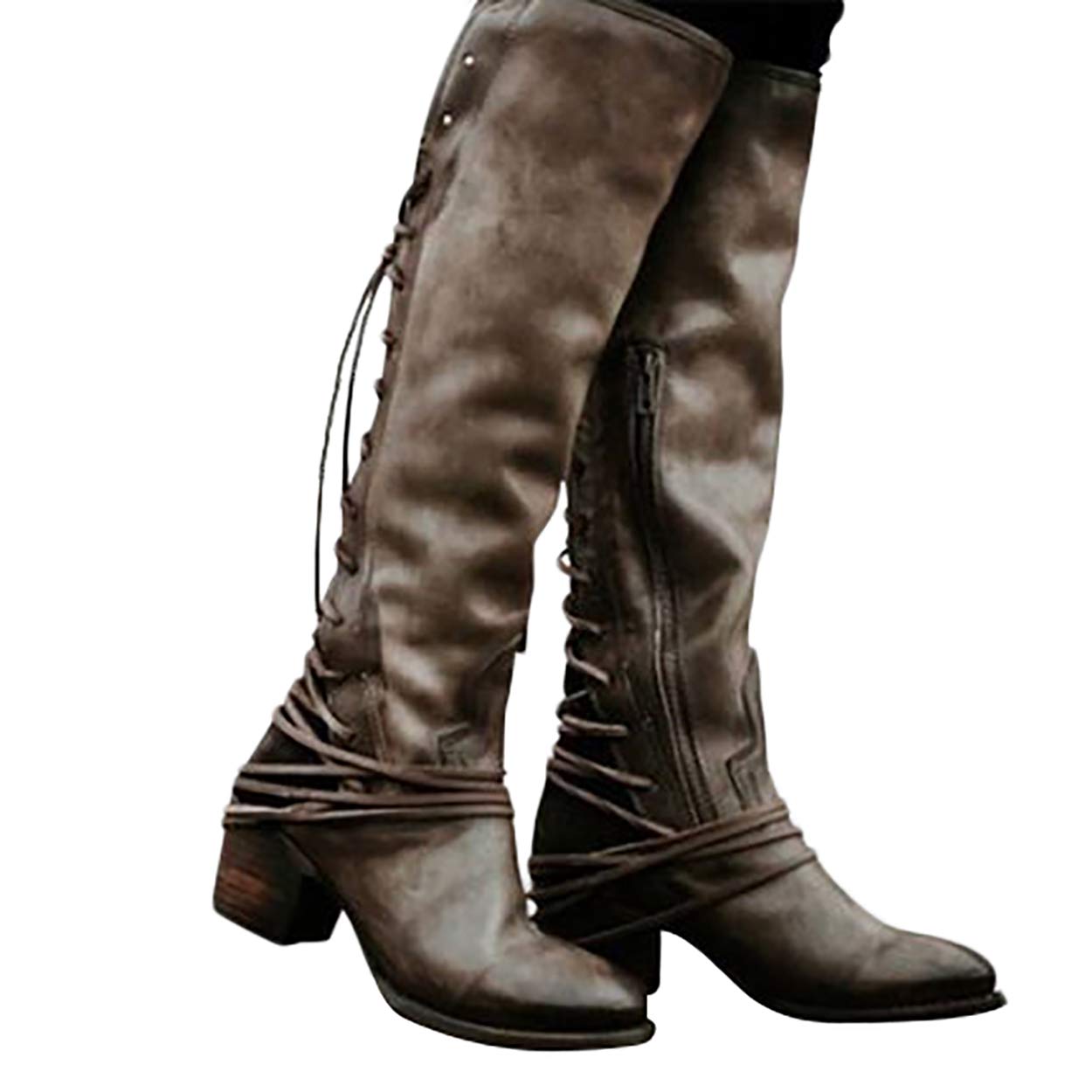 Susanny Women\'s Wide Calf Knee High Boots Low Chunky Heel Shoes Fashion Zipper Strappy Retro Riding Boot Taupe 10.5 B (M) US