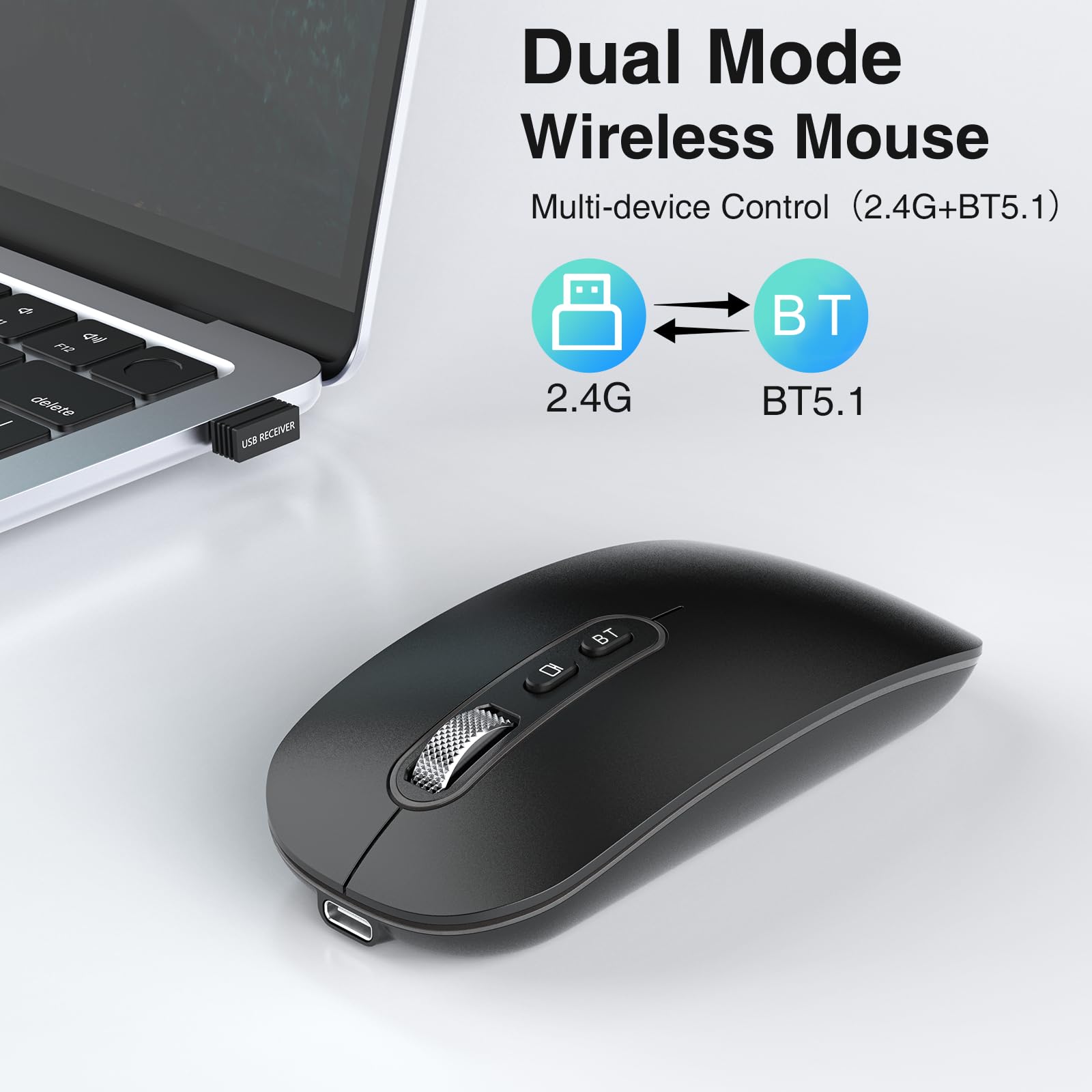 cimetech Bluetooth Maus 5.1+2.4G Dual Aufladbar Leise Slim für Mac/PC/iPad 2