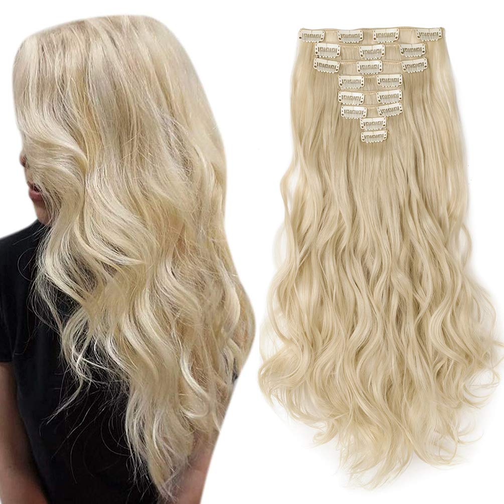 8Pcs 18Clips Full Head Clip in Hair Extensions Long Curly Synthetic Thick Hair Extension Ombre Wavy Hairpiece for Women 17" Bleach Blonde