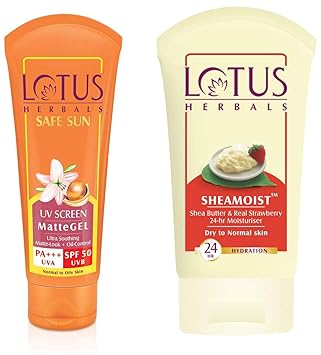Lotus Herbals Safe Sun UV Screen Matte Gel, SPF 50, 100g and Lotus Herbal Shea Butter and Real Strawberry 24 Hour Moisturiser, 60g