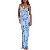 ABINGOO Women Vintage Spaghetti Strap Maxi Dress Sexy Low Cut Backless Floral Satin Slip Long Dress Y2k Cami Bodycon Dresses