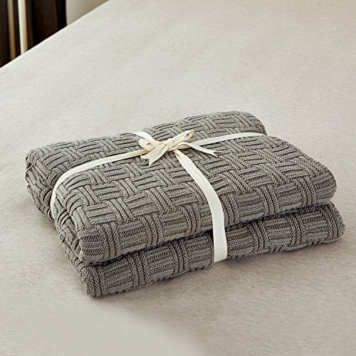 Longhui bedding Cotton Gray Cable Knit Throw Blanket for Couch Chairs