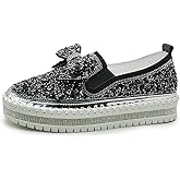 Cubicbee Women's Rhinestone Bow Platform Sneakers,Glitter Flat Walking Slip On Loafers Casual Shoes,Comfort Platform Dress Shoes