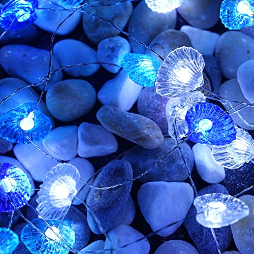 ArtJ4U 40 LED USB Plug-in Crystal Seashell Fishes String Lights 18.7 Ft Copper Wire Beach Theme Fairy Lights for Bedrooms and Various Decoration Projects (Cool White & Remote Control with Timer)