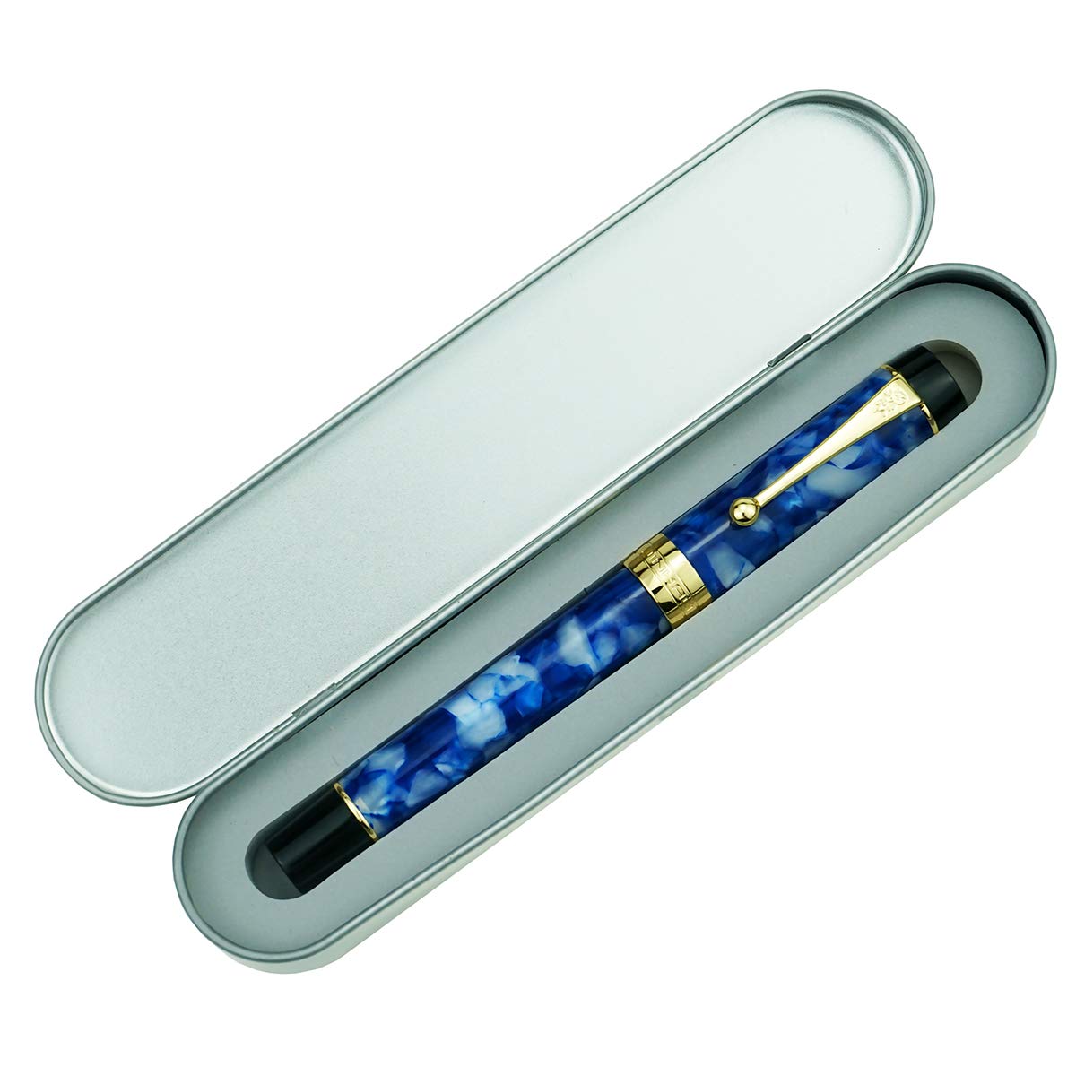 Jinhao 100 Fountain Pen Classic Style Dark Blue Acrylic, Fine Point with Converter and Gold Trim Pen Case Set โ image 1