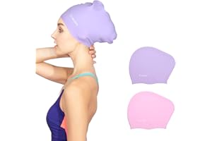 Keary 2 Pack Updated Silicone Swim Cap for Long Hair Women Girl Waterproof Bathing Pool Swimming Cap Cover Ears to Keep Your Hair Dry, 3D Soft Stretchable Durable and Anti-Slip, Easy to Put On and Off