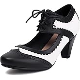 Elerhythm Women's Mary Jane Lace Up Closed Round Toe Vintage Heels 1950s Pumps 1920s Victorian 1940s Retro Shoes