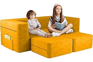 linor Modular Designed Toddler Couch, Foldable Loveseat & Two Ottoman, Fold Out Lounger, Kid Couch with Washable and Durable Covers, Sofa for Kids (Yellow)
