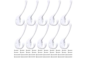IBOSINS 10 Pack Heavy Duty Dual Coat Hooks Wall Mounted with 20 Screws Retro Double Hooks Utility Black Hooks for Coat, Scarf, Bag, Towel, Key, Cap, Cup, Hat (White)