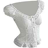 OYOANGLE Women's Blouses Cap Sleeve Eyelet Embroidery Button Up Blouse Y2K Ruffle Hem Fairy Tops