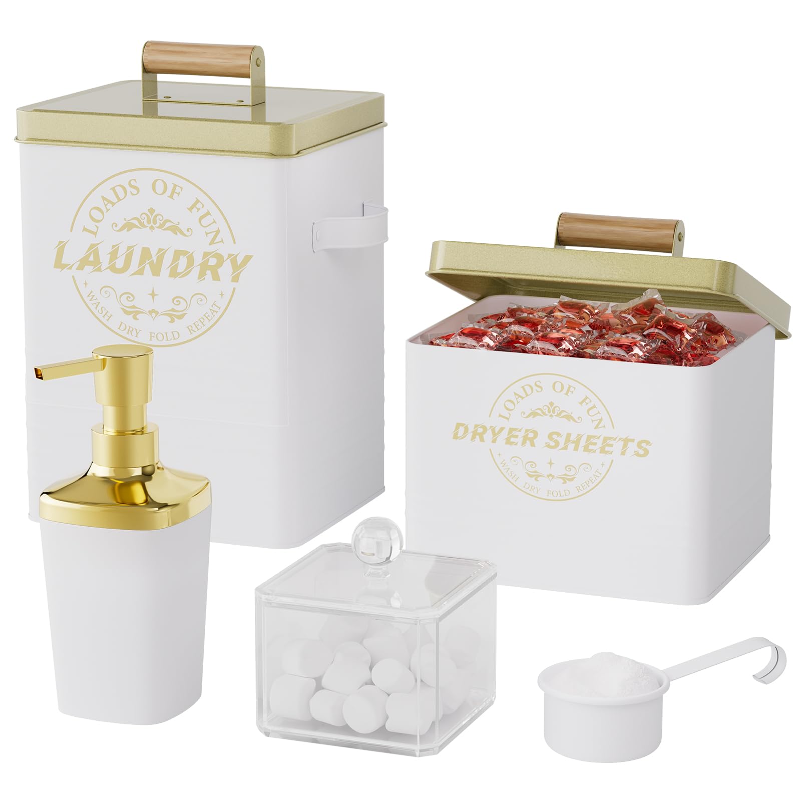 Photo 1 of WSBArt Metal Laundry Pods Container With Scoop, Powder Laundry Detergent Container For Laundry Room Organization Containers,With Acrylic Swab Case and Lotion Bottle