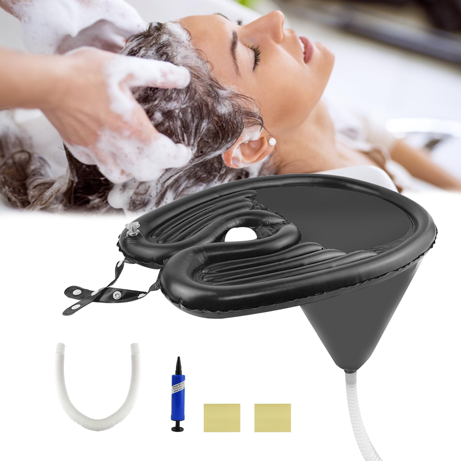 Inflatable Hair Wash Basin, AolKee Portable Hair Washing Basin, Hair Washing Aids for Disabled, Bedridden, Handicapped, Seniors, Pregnant, with Air Pump, Inflatable Tube, PVC Repair Sticker, Black