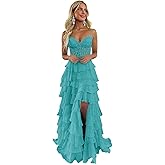 Qgeno Ruffle Tiered Prom Dress Lace Applique Corset Spaghetti Straps Layered Chiffon Formal Evening Gowns with Slit