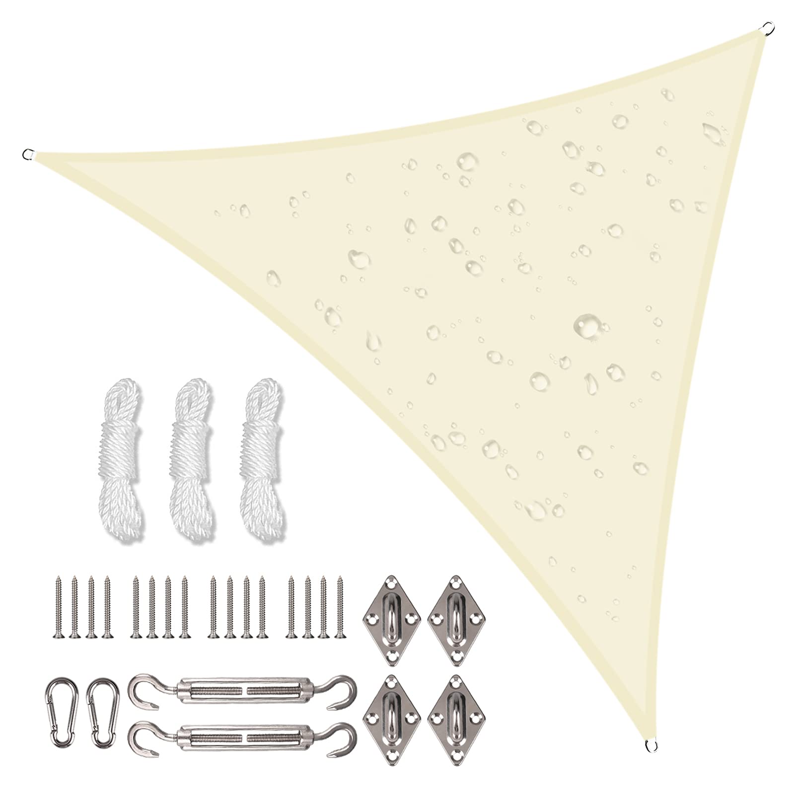 NAKIHOUSE Waterproof Shade Sail with Rope Fixing Kits, 5x5x5m Triangle Sun Shade Sail 98% UV Block Awning Canopy for Garden Patio (Cream)