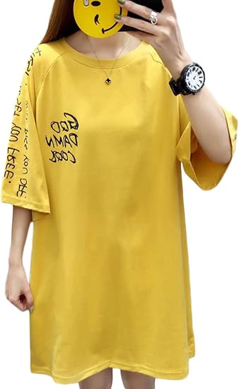 Amazon Yunhen 半袖 Tシャツ レディース ゆったり オーバーサイズ ティーシャツ クルーネック カジュアル トップス ファッション ダメージ加工 カットソー ストリート系 黄色 Tシャツ カットソー 通販