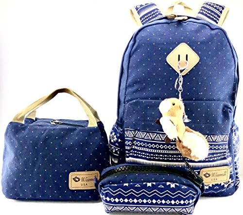 Women's boy's girl canvas backpack, lunch bag, pouch bag 3Pcs. set for school bag daypack laptop bag (BLUE)