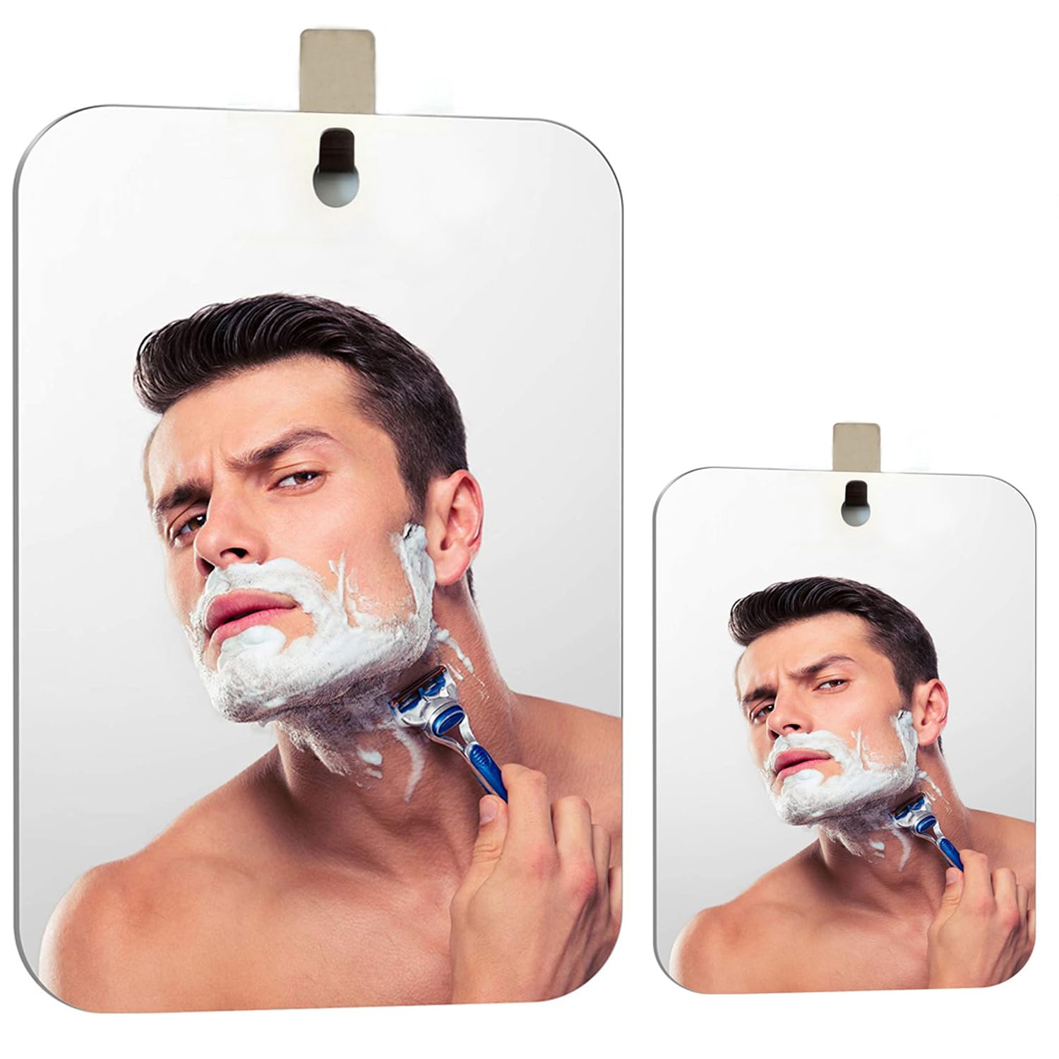 XoYo 2-Pack Fogless Shower Mirror, Includes 2 Adhesive Hooks, Anti-Fog Frameless Wall Hanging Makeup & Shaving Bathroom Accessory (Large+Small)