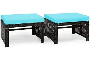DORTALA 2 Piece Patio Wicker Ottomans, Outdoor Foot Rest with Cushions, PE Rattan Footstool for Patio, Garden, Poolside, Turquoise