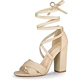 Allegra K Women Crisscross Front Block Heeled Lace Up Beige Sandals - 7.5 M US