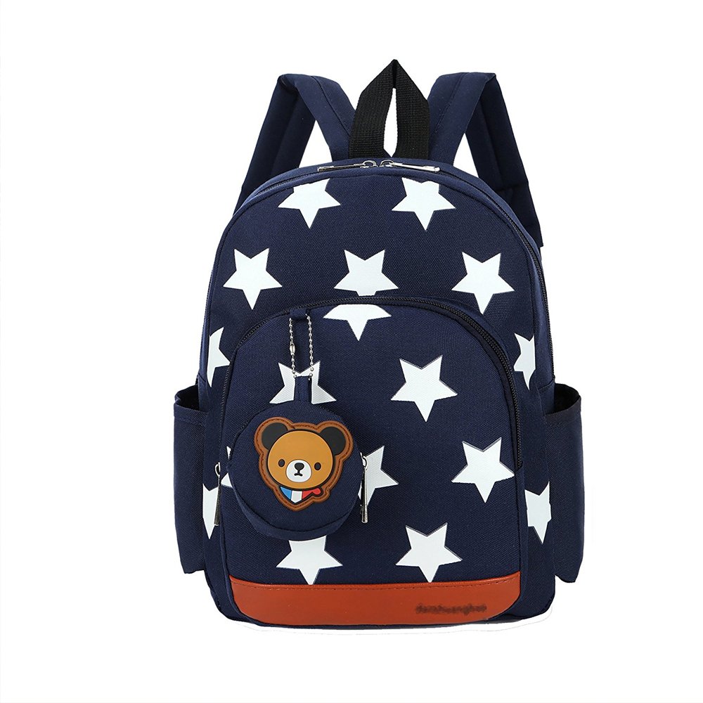 MOTOLIMO Kids Book Backpack Five-Pointed Star Baby Children’s School Bag and Bear Coin Purse (Navy Blue)