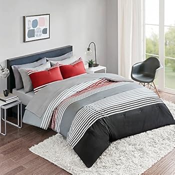 Amazon.com: Blue Gray Striped Comforter Set Full Size
