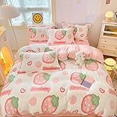 MorroMorn Pink Duvet Cover Queen, Strawberry Bedding Sets, Fluffy Comforter Covers Set, Down Alternative Blanket Ultra Soft Kawaii Cute for Girls Kids Teen Women Full Double Size