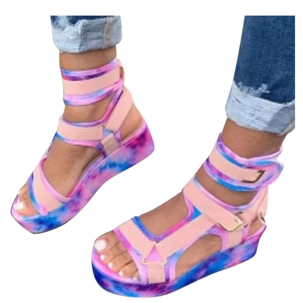 Sandals for Women Wedge,2021 Fashion Rainbow Ankle Buckle Sandals Summer Beach Sandals Open Toe Espadrille Platform