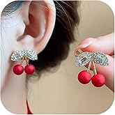 Trendy Red Small Cherry Earrings for Women Girlfriend 18K Gold Fruit Stud Earring Rhinestone Leaf Cherry Stud Earrings Joyful Wedding Jewelry