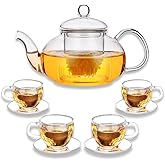Glass Teapot Set with Removable Infuser, Atarvana 600ml Glass Tea Kettle with Loose Tea Infuser, 100ml Tea Cup & Saucer Set of 4, Elegant Blooming Tea Gift Set