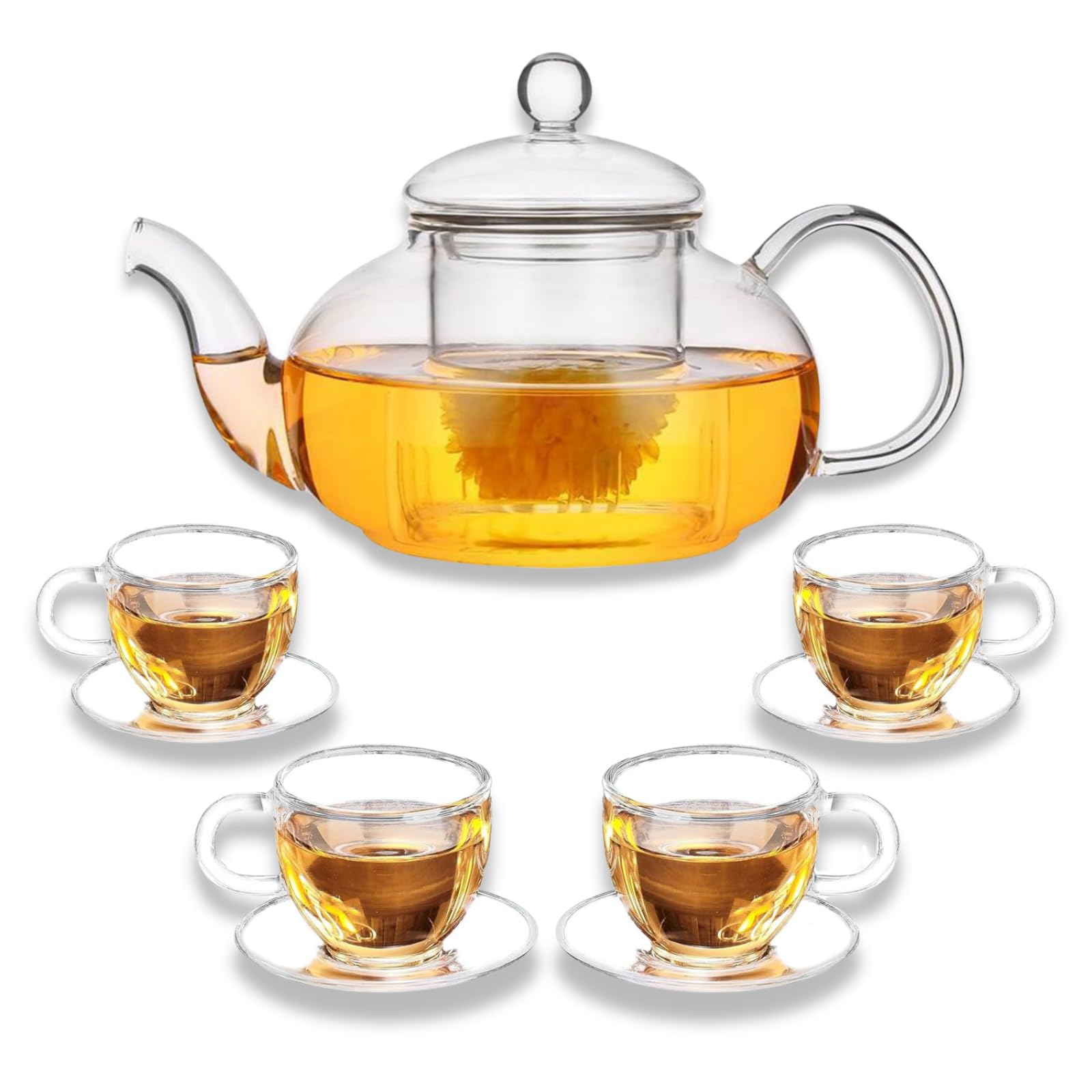 Photo 1 of Glass Teapot Set with Removable Infuser, Atarvana 600ml Glass Tea Kettle with Loose Tea Infuser, 100ml Tea Cup & Saucer Set of 4, Elegant Blooming Tea Gift Set