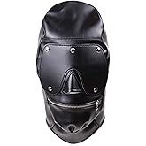 Leather Bondage Gimp Mask Hood, Black Full Face Blindfold Breathable Restraint Head Hood, Sex Toys, for Unisex Adults Couples