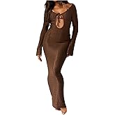 Floerns Women's Cut Out Tie Front Bodycon Dresses Long Sleeve V Neck Knitted Maxi Dress