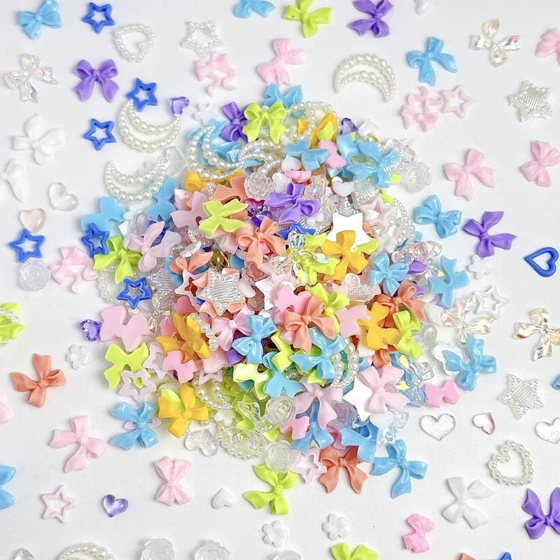 450Pcs Bow Nail Charms, 3D Nail Charms, Multi Shapes Nail Bows, Colorful Bowknot Flower Heart Pearl Star Moon Nail Decorations for Nail Art Accessories