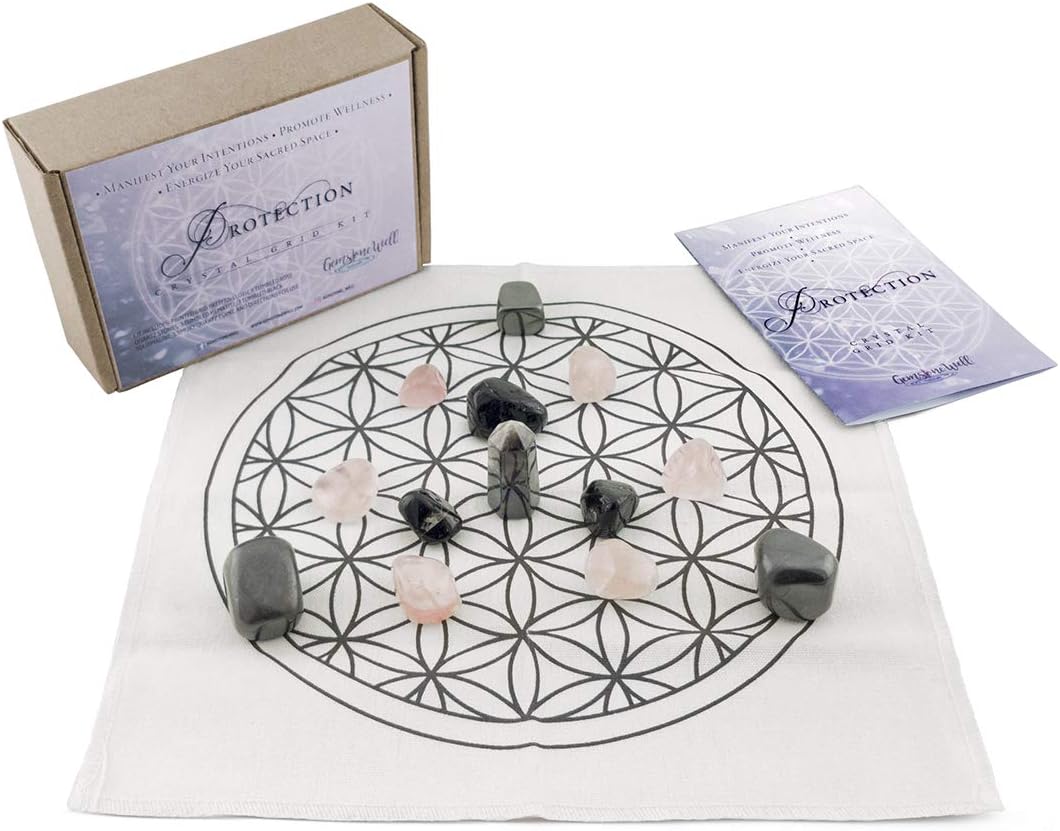 Hardscaping Materials - Crystal Grid Set | Crystal Healing |Get Started Quickly with Our Premium Ready-to-Go Protection Kit, Hand Selected Gemstones and Flower of Life Grid in Gift Box