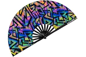 Ravevibes 13" Large Rave Fan Folding Hand Fan, Bamboo Festival Clack Fan Foldable UV Glow Edm Fans For Rave Outfits Accessories Performance Dance Party For Men Women, Neon Lines