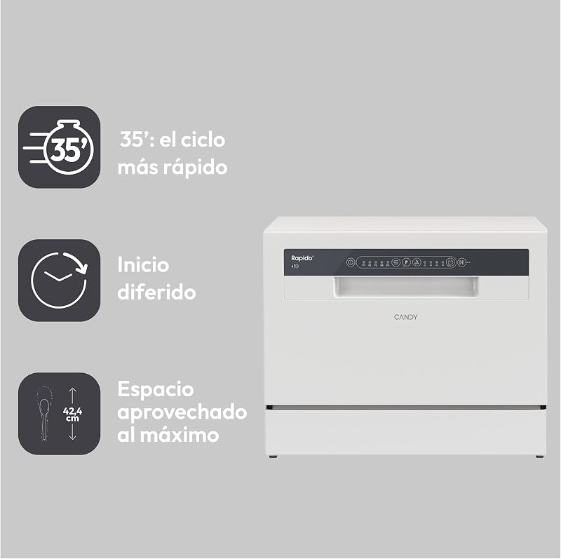 CP 6E51LW Lavavajillas de sobremesa Pequeño y Compacto, 6 Servicios, Digital, 51DBA, 5 Ciclos, Media Carga, Inicio Diferido, Indicador Sal y Abrillantador, Indicador Fin de Ciclo, Blanco