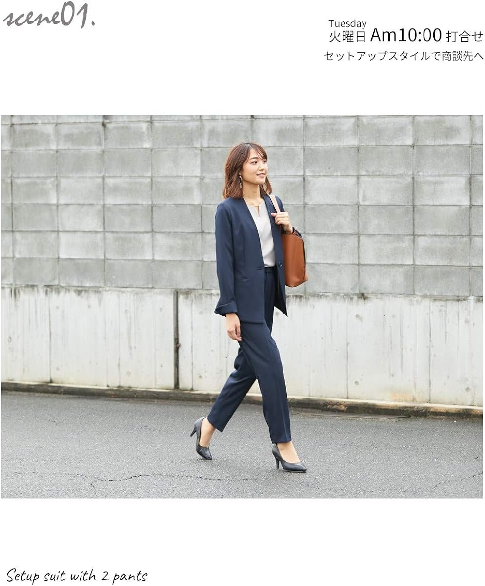 Amazon Nissen ニッセン 長袖 洗濯機洗いok レディーススーツ レディーススーツ 2パンツスーツ3点セット ノーカラー ジャケット 色違いテーパードパンツ2本 パンツスーツ 通販