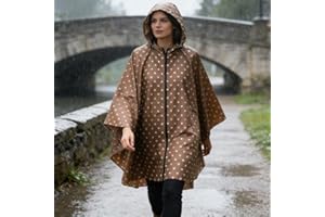 Rain Ponchos Waterproof Hooded Poncho with Polka Dot, Drawstring & Snap Buttons, Packable Rain Gear, One Size Unisex, Khaki