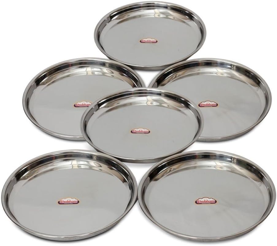 Shubham Steel Dinner Plates / Thali - 6 Pcs Set - 11.5 Inches