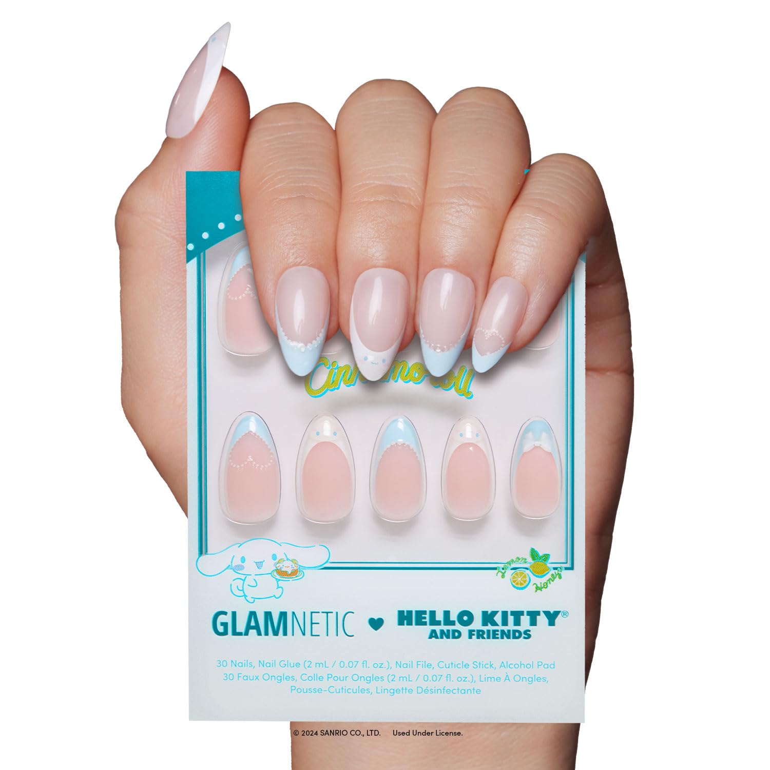 Photo 1 of Glamnetic x Hello Kitty® and Friends Press On Nails - Cinnamoroll™ French Tip | Short Almond Blue 3D French Tip Graphic Fake Nails in a Glossy Finish | 15 Sizes - 30 Nail Kit with Glue