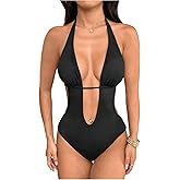 GORGLITTER Women's Deep V Neck Halter Bodysuit Cut Out Tie Backless Sleeveless Party Leotard Tops