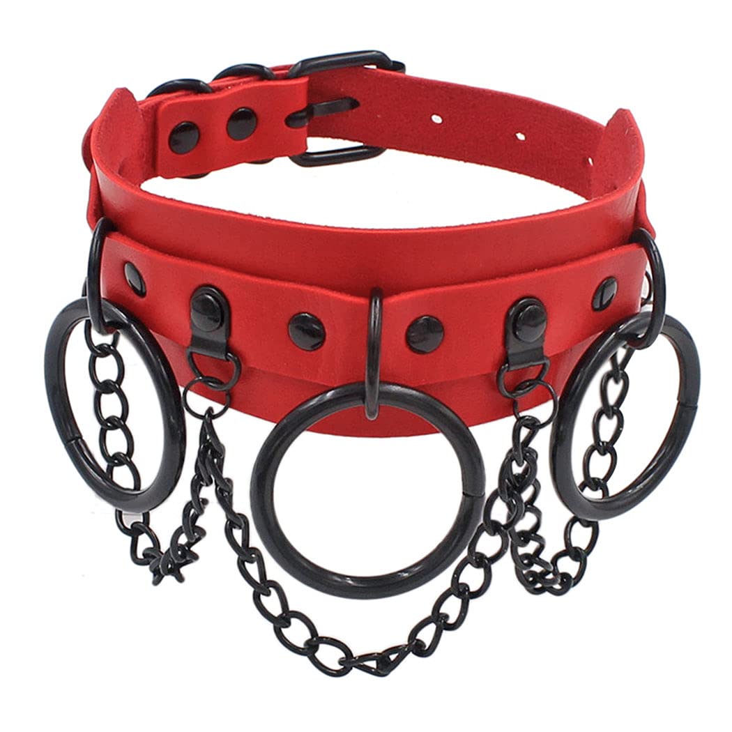 Aabellay Circle Choker Necklace PU Leather Goth Choker Collar with Black Studded Punk Rock Rivet Collar Adjustable Size - Double Layer with Circle – Red