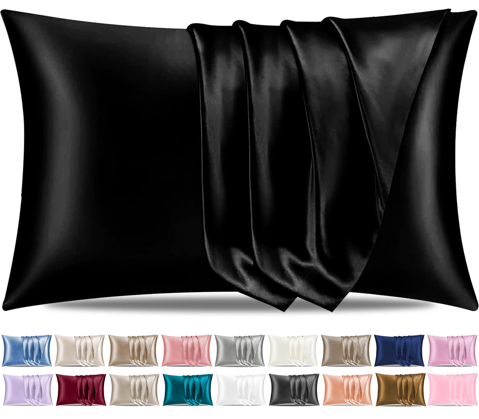 Pamposh Satin Silk Pillowcases For Hair And Skin 2 Pack Standard Size with Envelope Closure (2 Pcs Pillowcases (50 x 75 cm), Black) — image 1