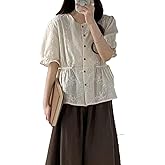 AEJENNIO Women's Cotton Linen Embroidered Tunic Blouse Elegant Puff Short Sleeve Crewneck Layered Button Down Shirt