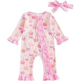 Lamuusaa Toddler Baby Girl Birthday Outfit Ruffle Cake Bow Print Romper Zipper Birthday Girl Jumpsuit Headband