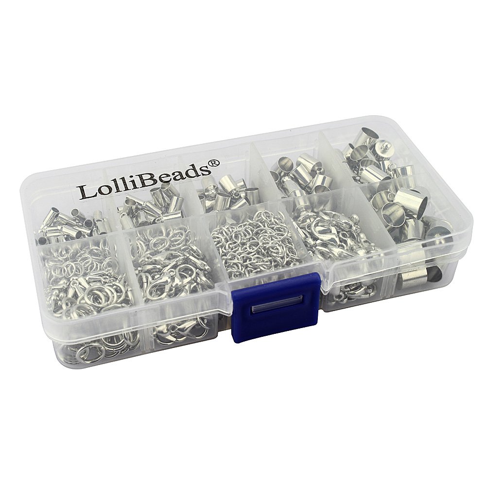 LolliBeads (TM) Silver Plated Barrel Leather Cord Ends, Lobster Clasp and Extension Chains Kits Assorted Size Pack (60 Sets)