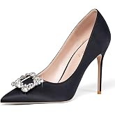 Elisabet Tang Women's Pumps 4 Inch Satin Glitter Rhinestone Heels for Women High Heels Closed Pointed Toe Slip on Party Wedding Shoes